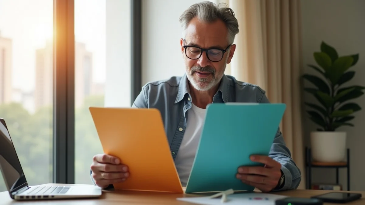 A middle-aged California man comparing three plain color-coded folders on a table, with a compass and a sunlit city window behind him