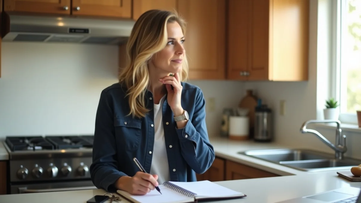 A thoughtful single adult in their 40s standing at a kitchen counter with a planner, keys, and a few blank place cards