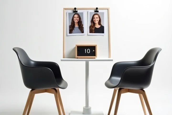 Two matched portrait cards clipped to a small board beside a timer and a pair of chairs facing each other
