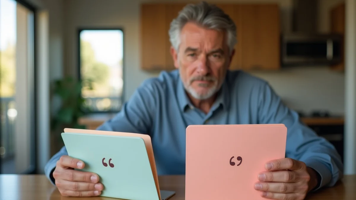 A middle-aged California singles man at a kitchen table weighing two dating choices