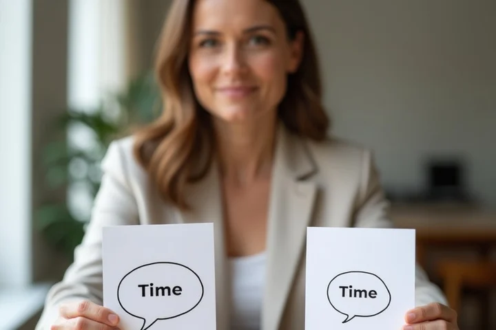 Mid-40s woman compares two simple conversation setups on a table, one paired with a speech-bubble token and the other with a small timer
