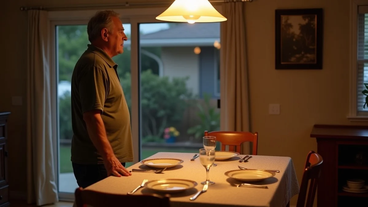 A middle-aged California adult standing at a warmly lit dinner table, pausing between a single place setting and a second empty chair
