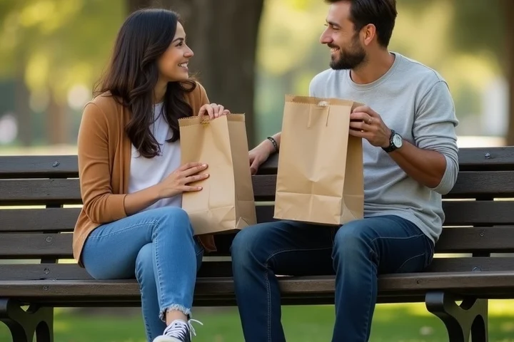 Two adults in their 40s choosing between low-pressure date plans on a park bench
