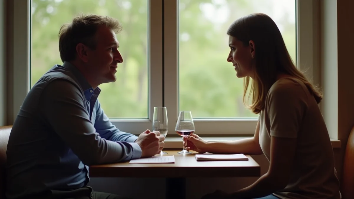A man in his 40s and a woman of similar age talking calmly across a small restaurant table after work