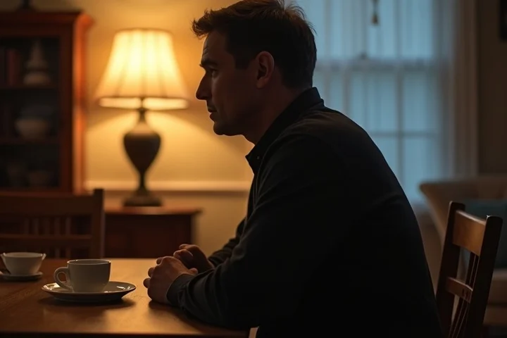 A single man in his 40s sitting at a kitchen table at dusk with one fresh place setting across from an empty chair
