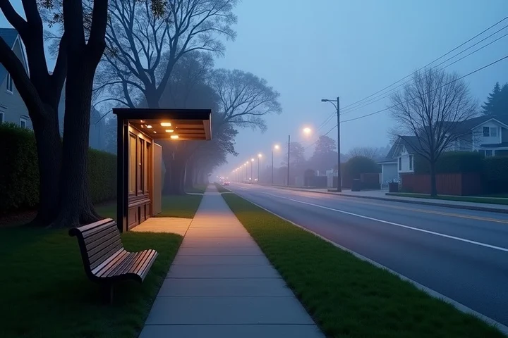 A calm Bay Area neighborhood street by a transit stop and a distant bridge at dusk, with a park bench and a short walking path nearby