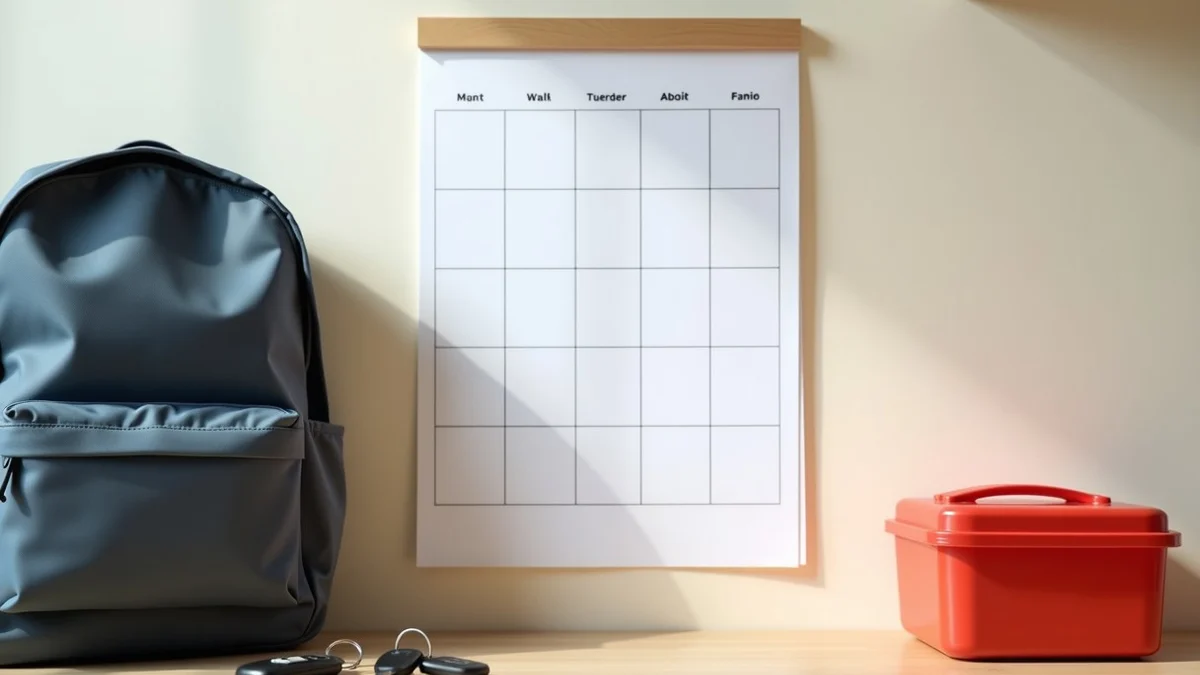 A blank wall calendar beside a school backpack, lunchbox, house keys, and a car key on a kitchen counter