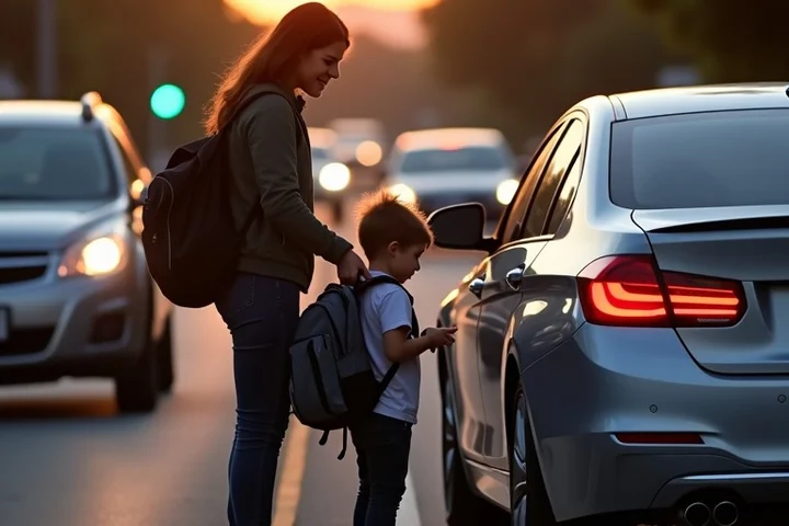 A single parent in their 40s loading a child’s backpack into the car at a school curbside pickup lane at dusk