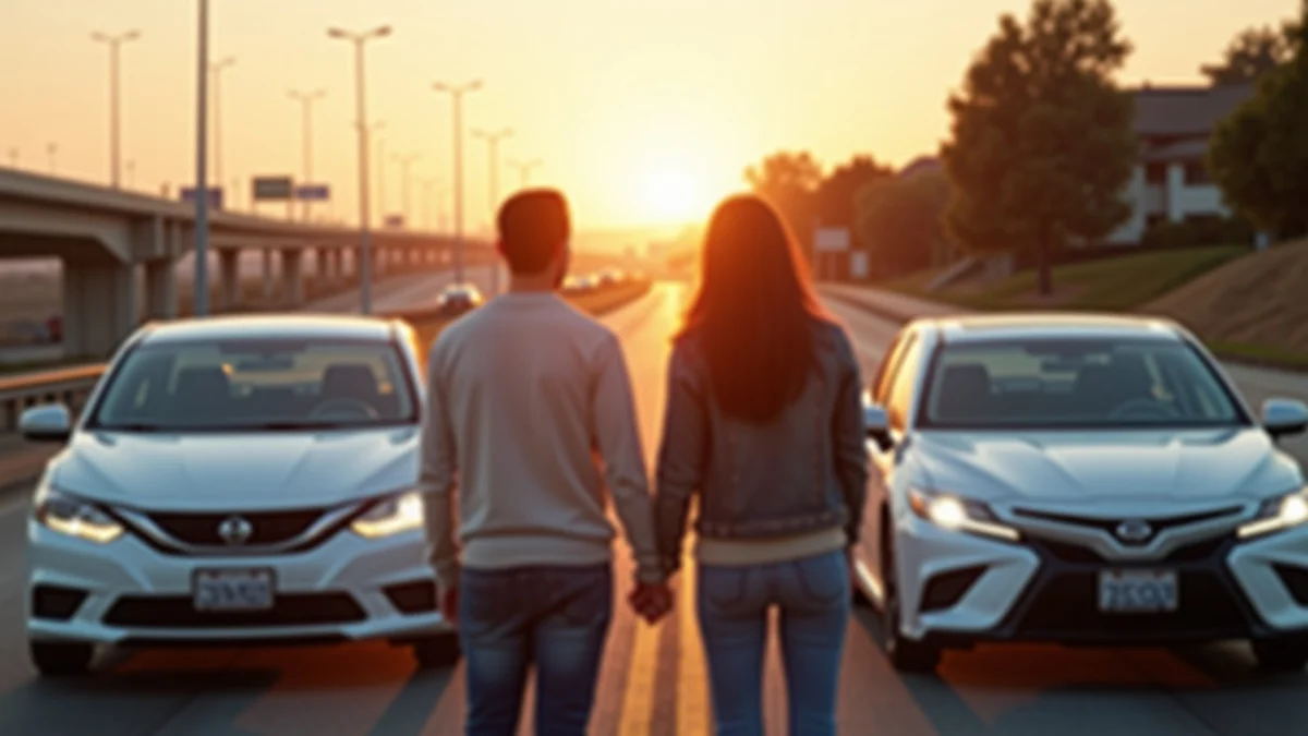 Two adults in their 40s meeting beside their parked cars at a neutral freeway-side park at sunset, one arriving from the left and one from the right