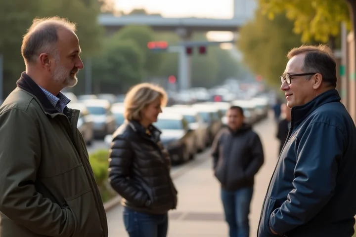 A small group of adults in their 40s chatting at an outdoor community courtyard near a transit stop