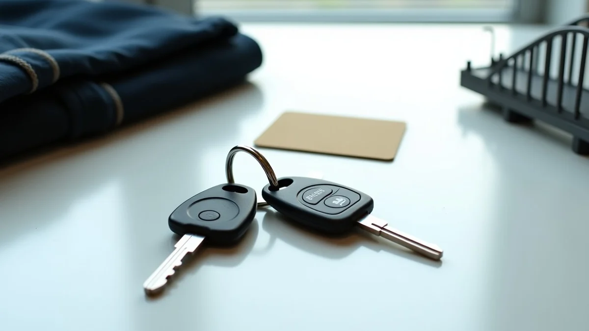 Two sets of car keys, a transit card, and a small bridge model arranged beside a folded jacket on a clean table