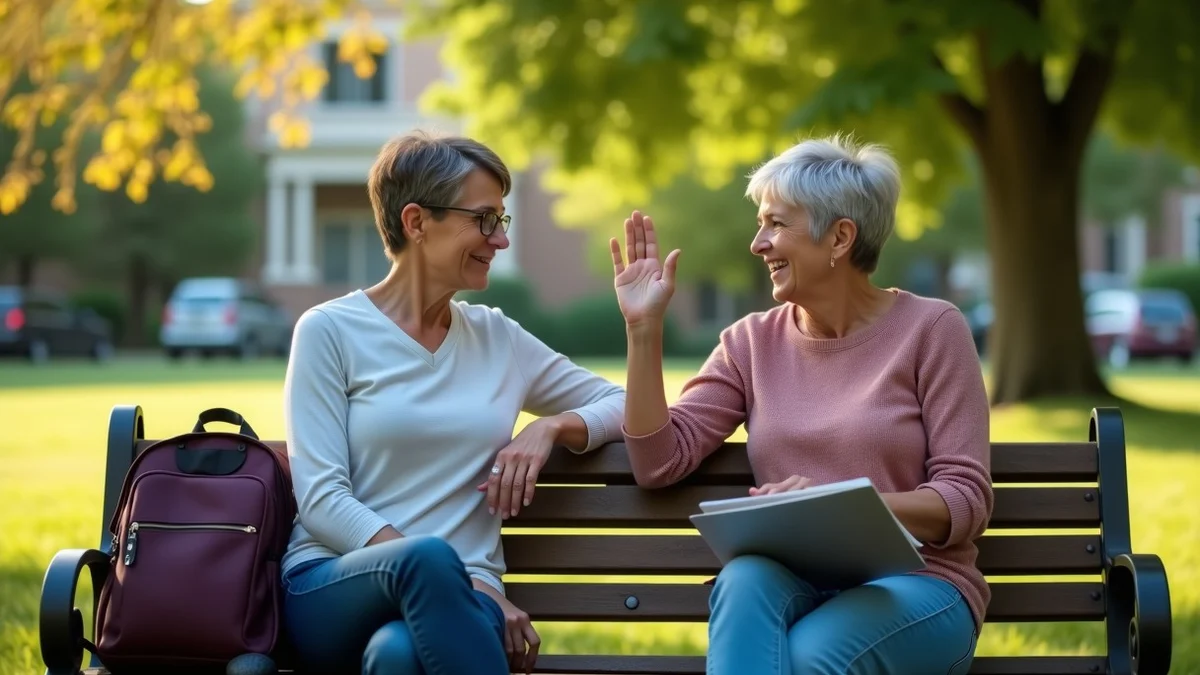 Two adults in their 40s talking at a neighborhood park bench, one calmly raising a hand to set a limit while the other listens