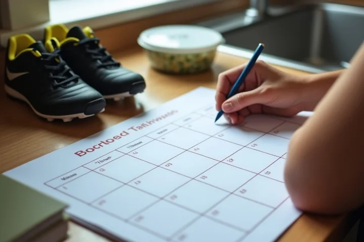 A 40-something parent setting a blank weekly calendar beside soccer cleats, house keys, and a lunch container on a kitchen counter