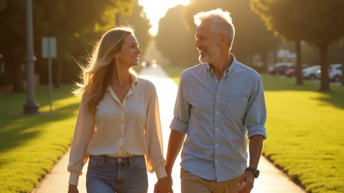 Two adults in their 40s smiling at each other on a sunny California park path