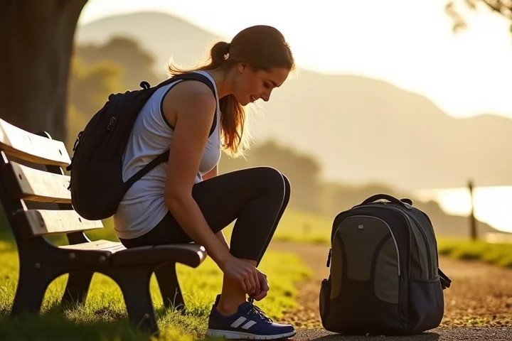 A woman in her 40s tying her walking shoes beside a park bench with a child’s backpack and a work tote nearby