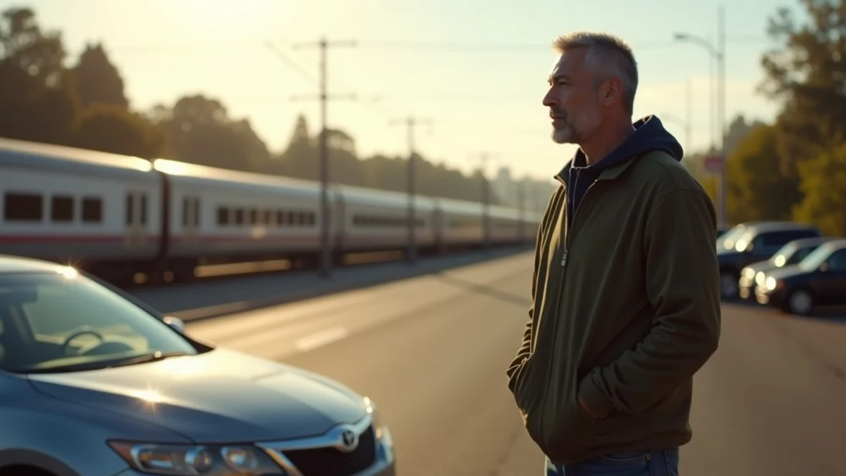 A man in his 40s standing beside a parked car at a California park-and-ride station, ready to make a long cross-county date drive