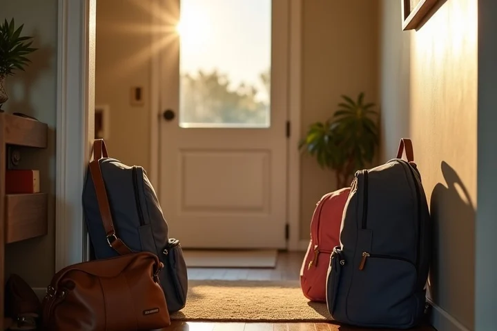 A compact California home entryway with a work satchel, children’s backpacks, house keys, and a pair of shoes arranged near the door