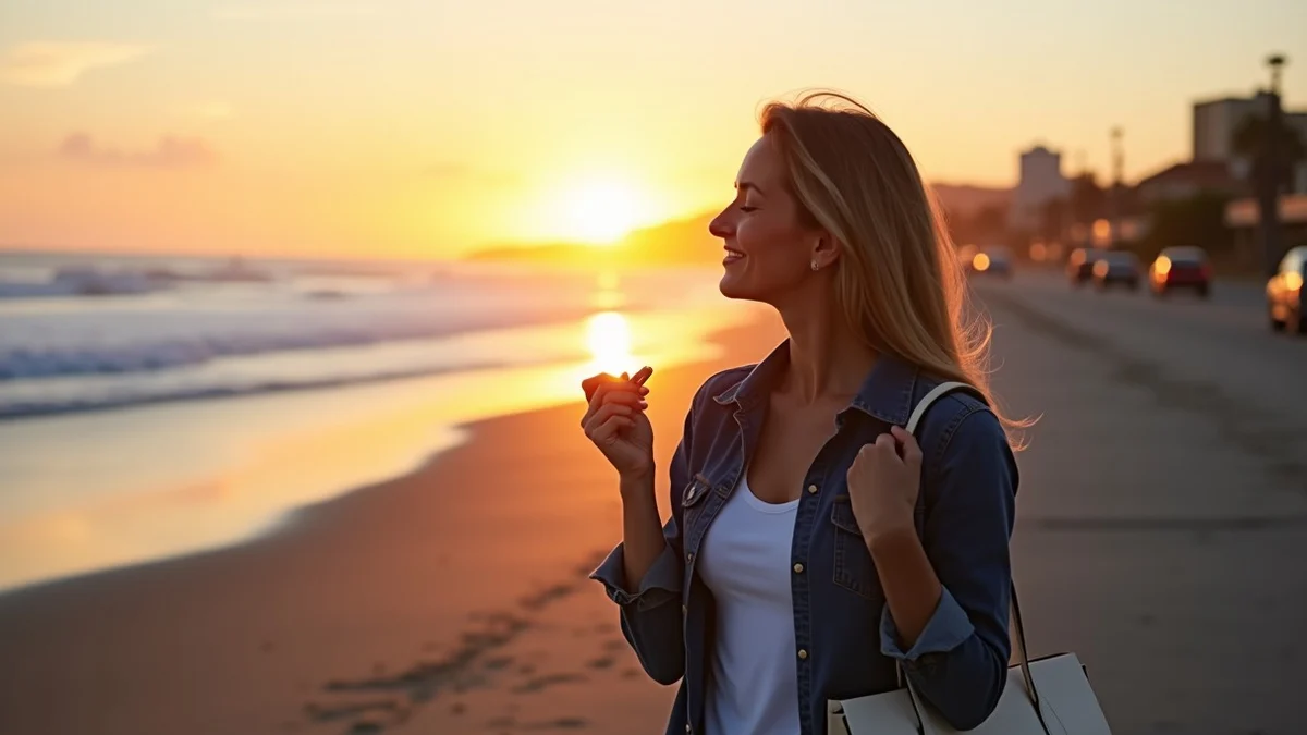 A thoughtful woman in her 40s stands on a California coastal boardwalk at sunset, holding car keys and a tote bag, with the ocean, freeway