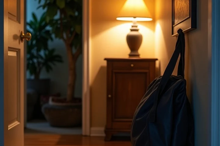 An evening entryway in a lived-in California home holds a work tote, child’s backpack, running shoes, a jacket