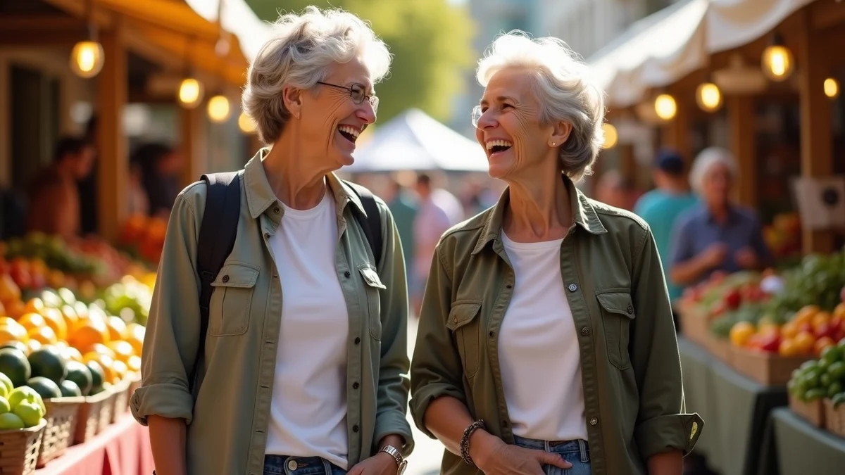 Two adults in their 50s laughing while browsing a California farmers market, produce stalls and sunlit awnings behind them