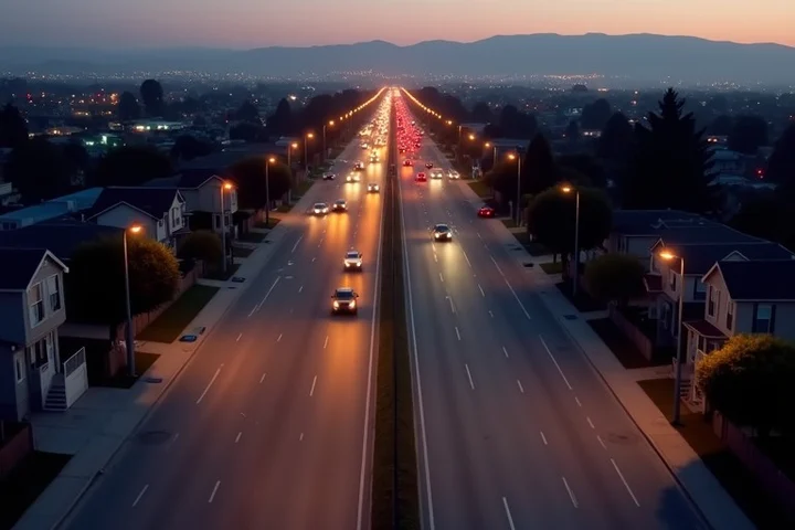 A long Los Angeles freeway corridor at dusk between two modest homes, with distant traffic lights, porch lamps