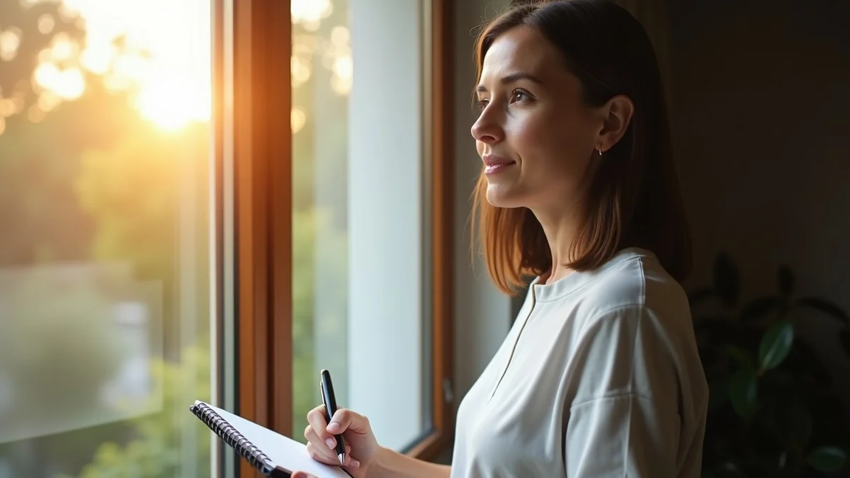 A 40-something adult by a sunlit window holding a blank notebook and pen, paused in thought with a calm, deliberate expression