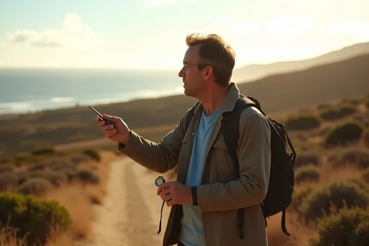 A 40-something adult at a fork in a coastal trail, holding a small compass and choosing a direction with focused body language