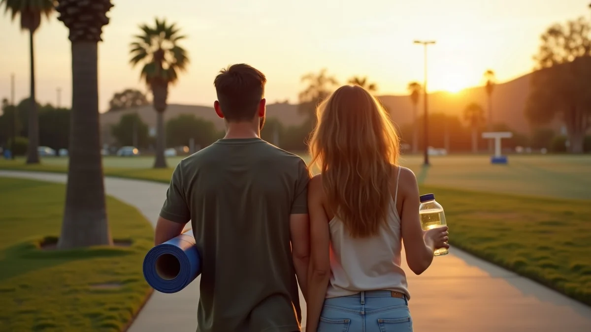 Two adults in their 40s on a first date beside the Orange County Great Park after a recurring evening class