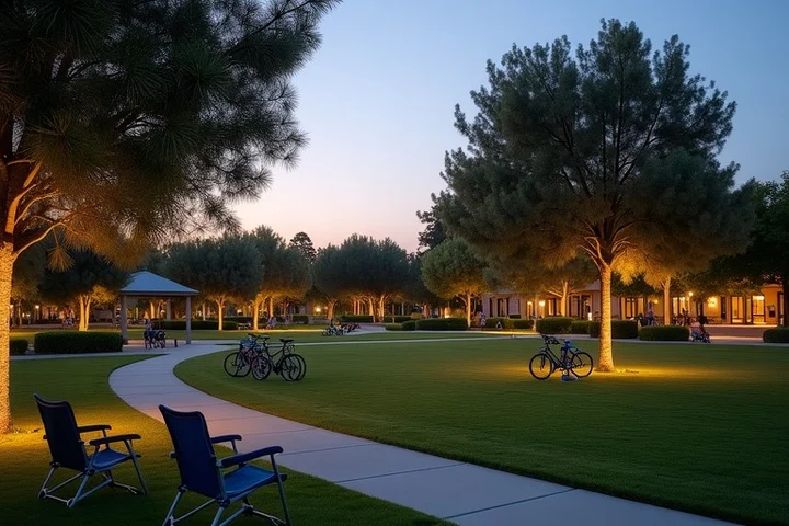 Orange County Great Park at dusk with a community lawn, folding chairs, parked bicycles, and a lit walking path