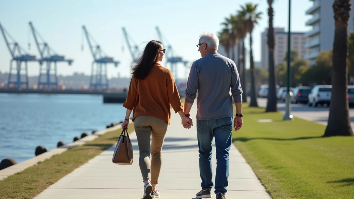 Two adults in their 40s on a first date near Downtown Long Beach and the waterfront after a daytime library or park activity