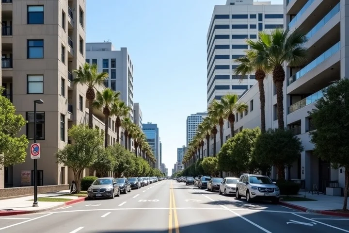 Downtown Long Beach streets near the waterfront with bike lanes, a parking structure, and low-rise city buildings