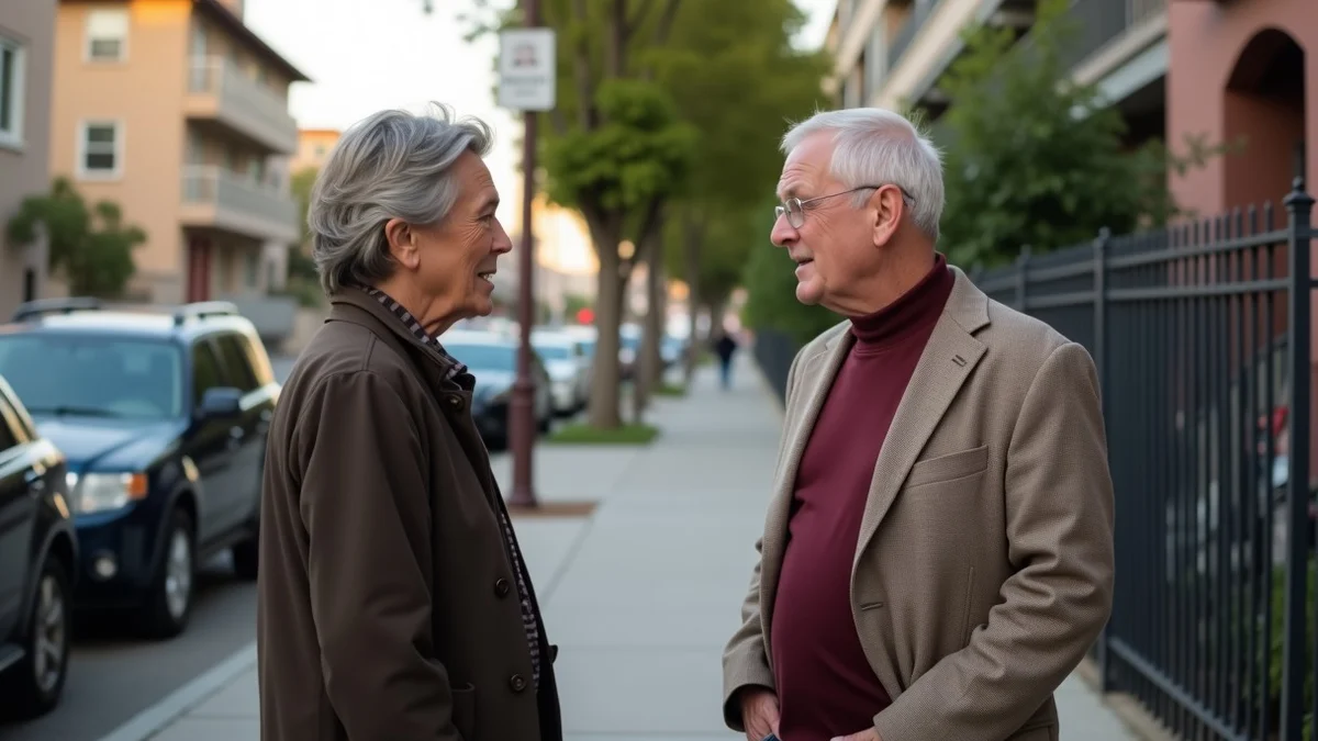Two middle-aged adults talking after a neighborhood cooking class in Los Angeles, with apartment buildings, street trees