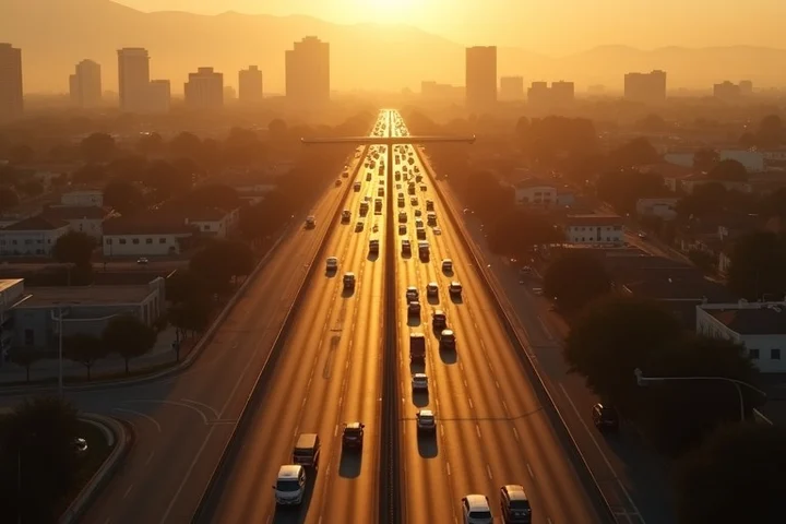 A wide Los Angeles freeway interchange at rush hour, cars stretching between distant neighborhoods under hazy sunlight
