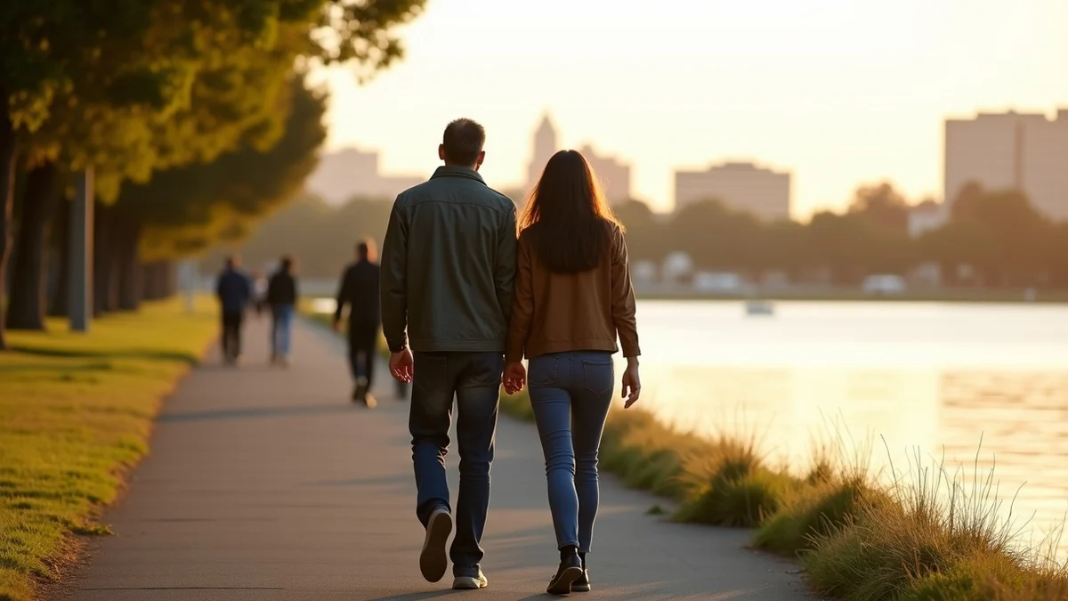 Two adults in their 40s on a relaxed first walk-date along the Lake Merritt path in Oakland, tree-lined water and the East Bay skyline behind them