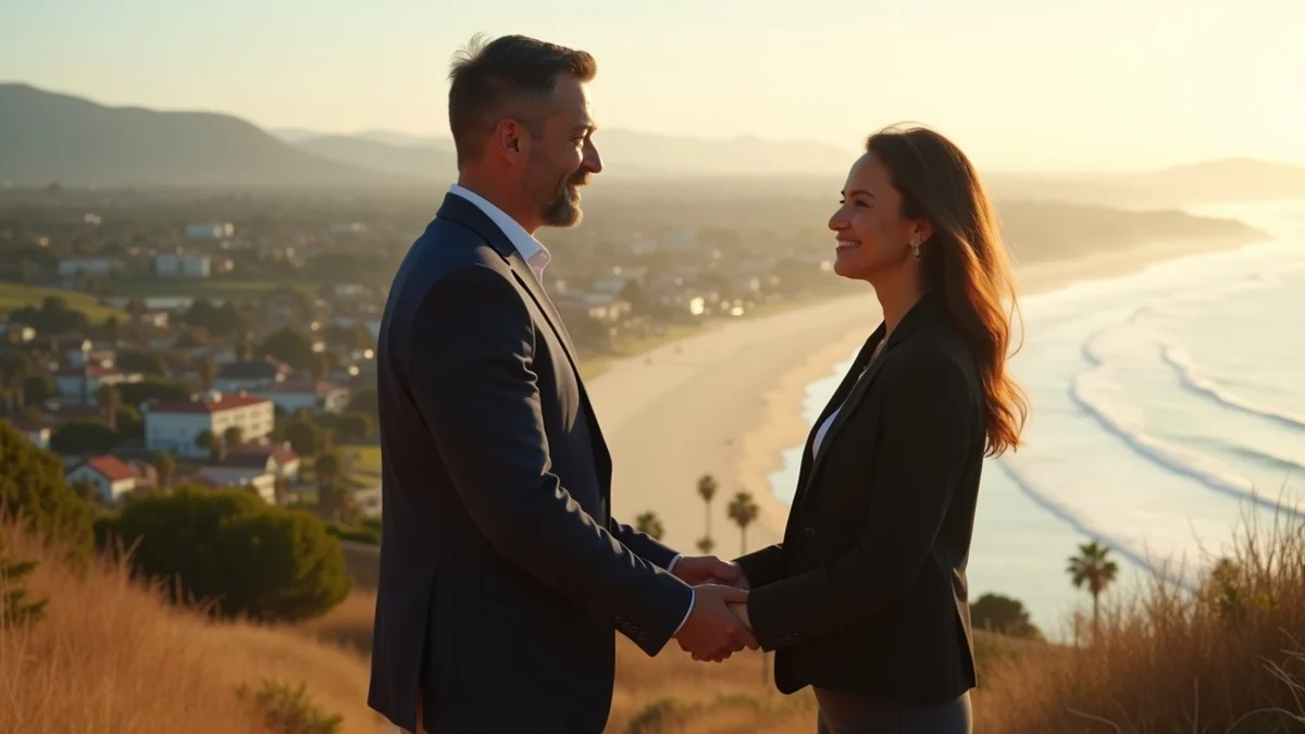 Two adults in their 40s on a first date at a coastal Orange County trail overlook after work