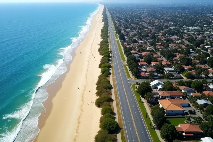 A wide Orange County landscape showing a sandy beach and ocean on one side, then a freeway, tree-lined suburbs, and a quiet neighborhood on the other