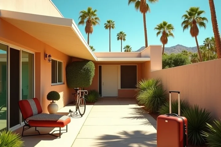 A bright Palm Springs courtyard with one carry-on suitcase beside a shaded chair and a bicycle, hinting at seasonal stays and short visits