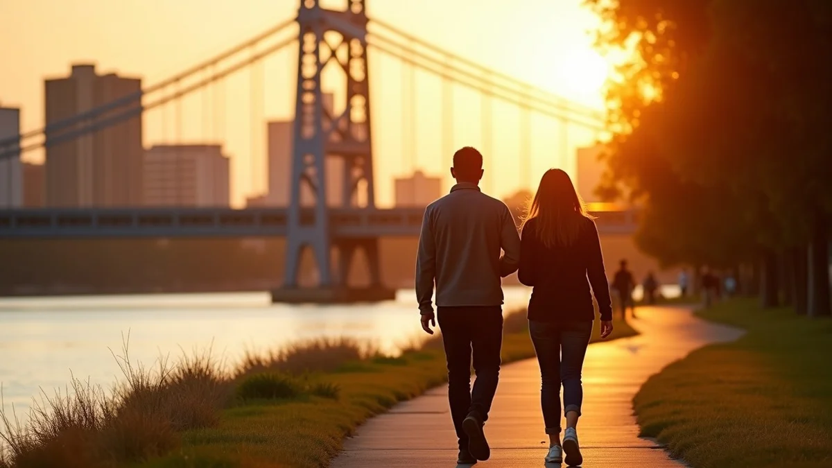 Two adults in their 40s walking together on the Sacramento River Trail near the Tower Bridge at golden hour