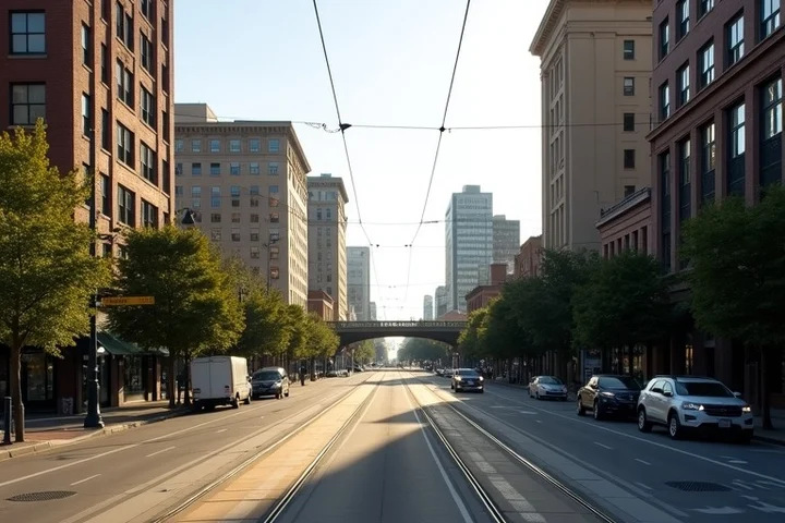 A downtown Sacramento streetscape with light rail tracks, mid-rise buildings, and a distant riverfront bridge