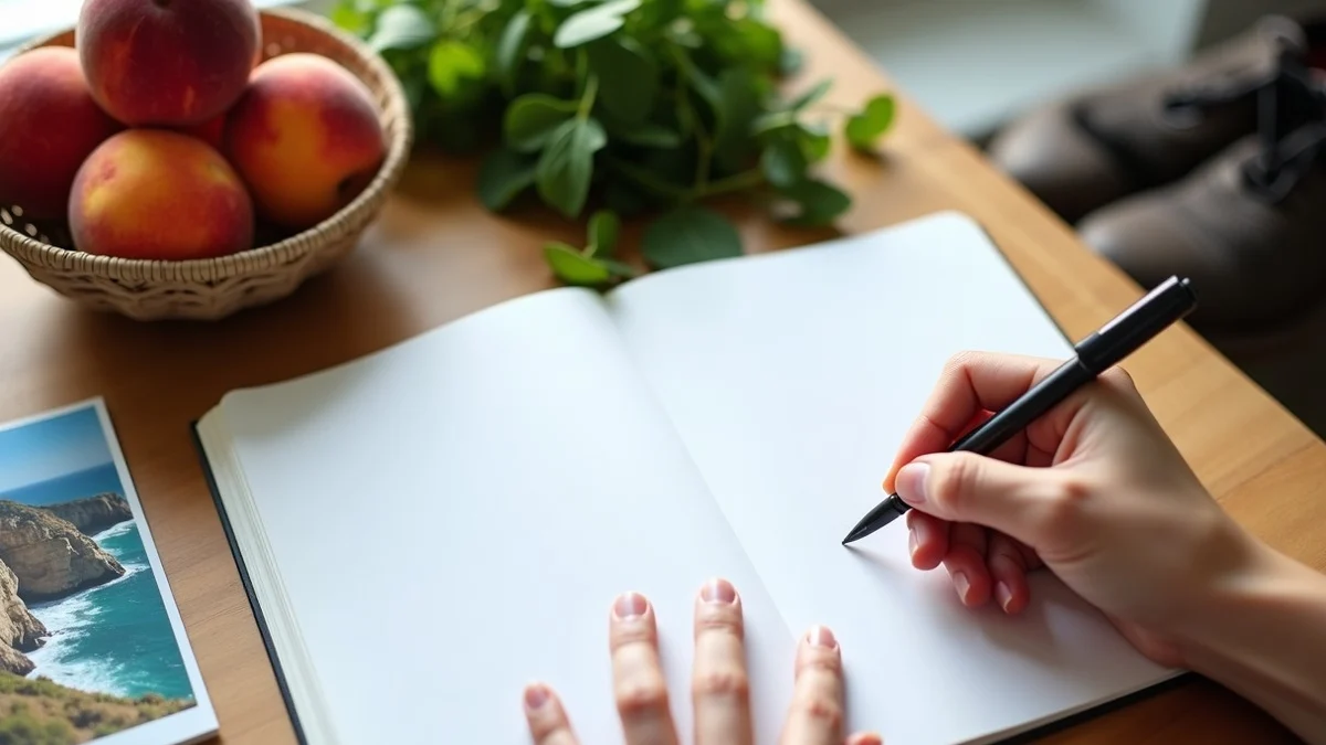 A hand writes profile notes in a blank notebook beside farmers market peaches, fresh herbs, walking shoes