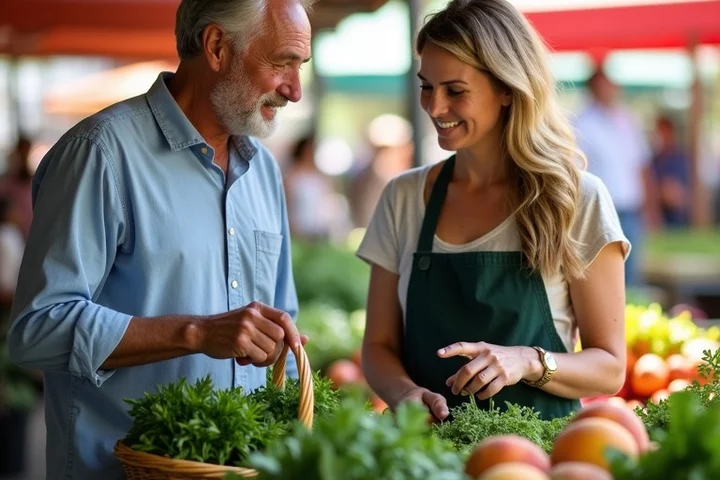 Two adults in their 40s compare fresh herbs at a farmers market stall, one holding a basket while the other points at peaches and greens