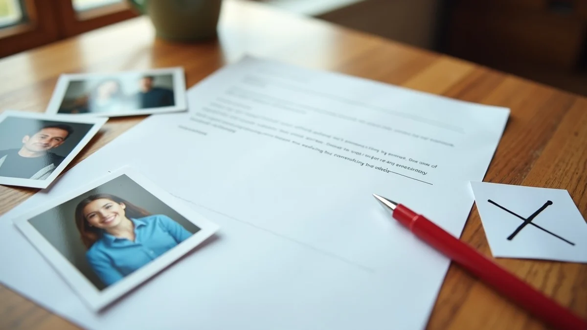 A tidy writing desk shows a blank profile draft, mismatched printed photos, and a red pen beside crossed-out note cards