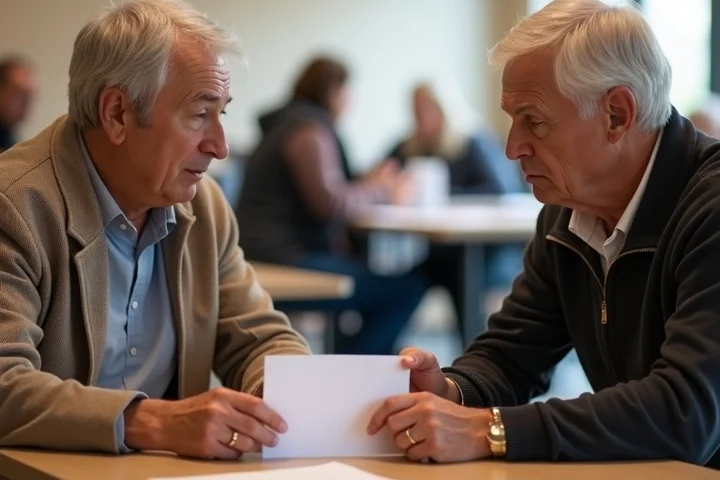 Two mature adults sit at a small community table, one holding a half-finished paper introduction card while the other waits patiently
