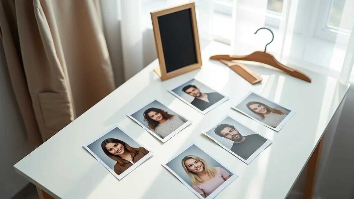 Six small photo prints, a mirror, a neutral shirt on a hanger, and a comb arranged on a bright table near a window