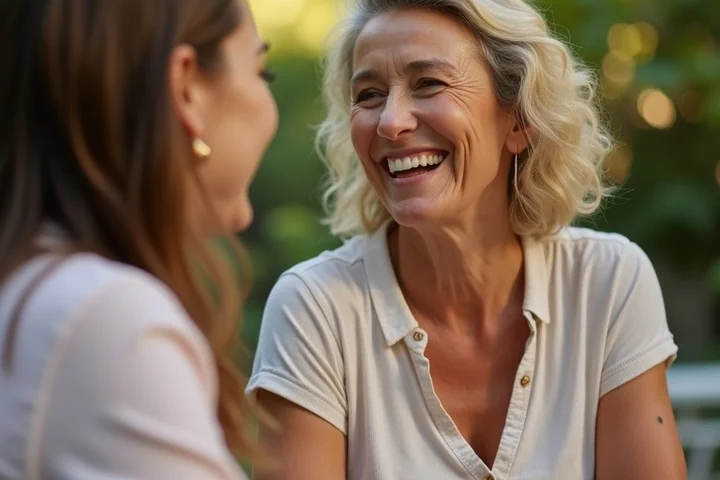 A woman in her 40s laughs with a friend at a backyard garden gathering