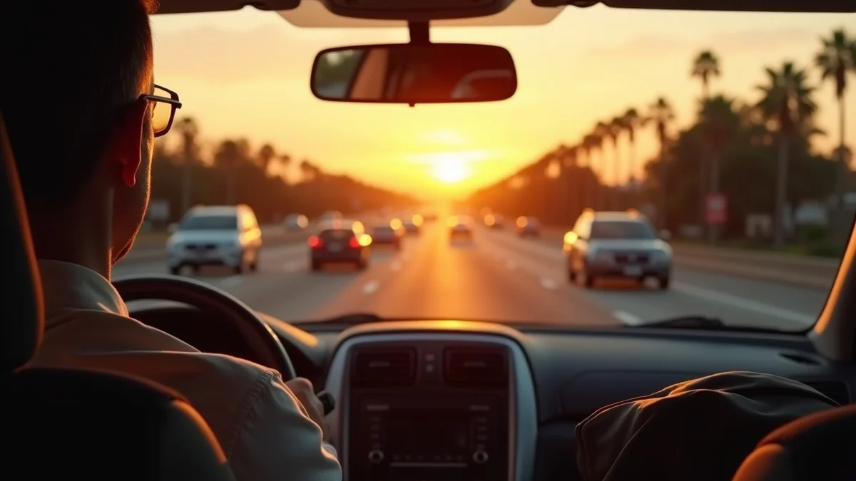 A middle-aged driver crossing a Southern California freeway interchange at sunset, one overnight bag on the passenger seat