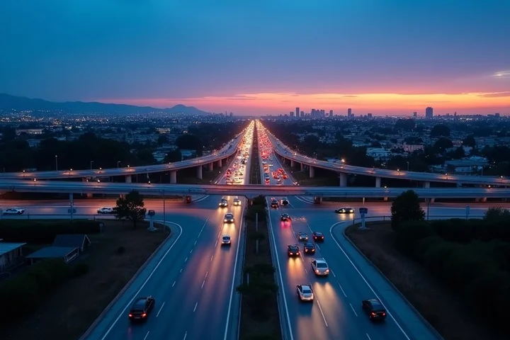 A wide Southern California freeway interchange at blue hour, cars moving beneath layered overpasses toward distant suburban lights