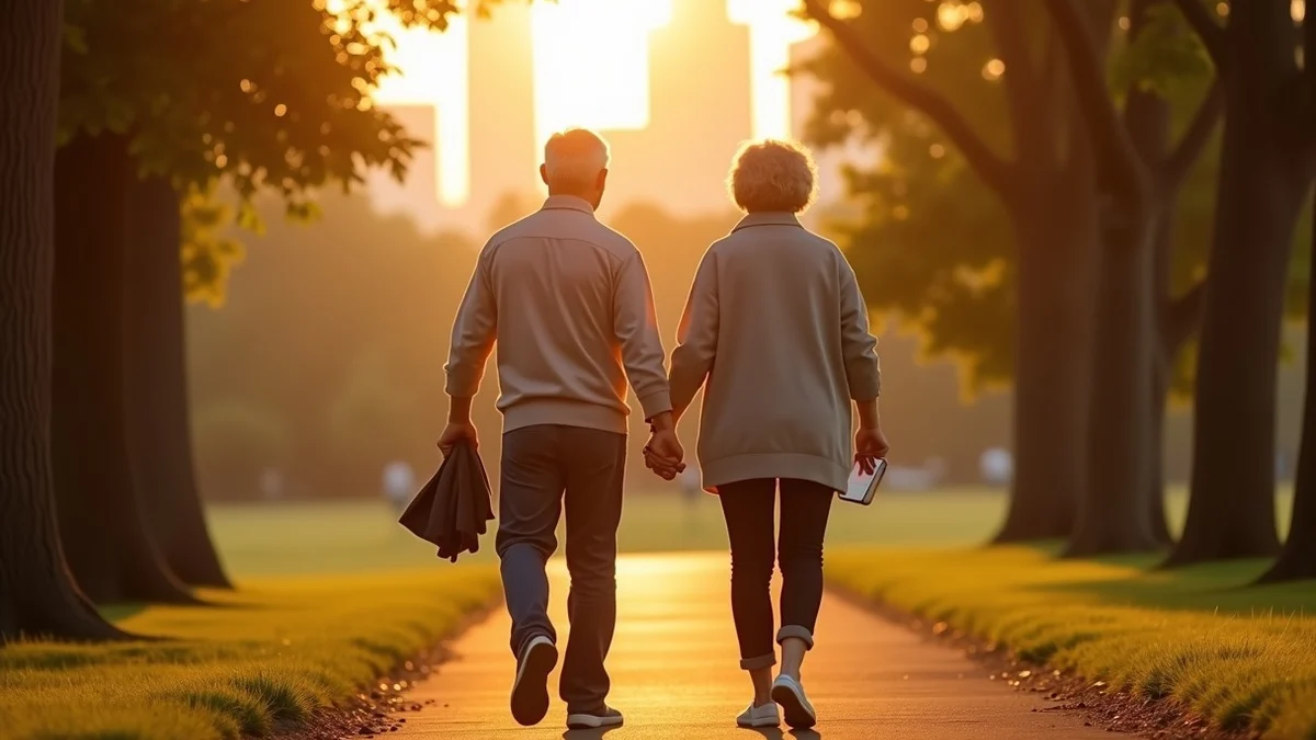 Two middle-aged adults walking side by side on a tree-lined park path at golden hour, relaxed conversation and an easy pace, light jackets in hand