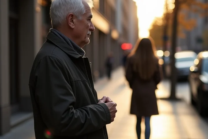 A middle-aged adult pausing on a quiet sidewalk before meeting someone