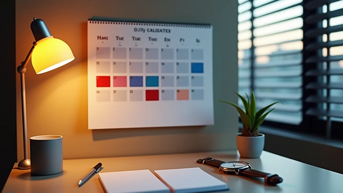A wall calendar with color-blocked late meetings and a single evening date window, on a tidy home office desk with a wristwatch, pen